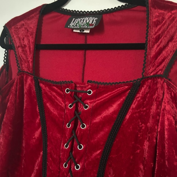 Vintage 90s Lip Service Red Crushed Velvet Black Lace Corset Lace Up Top Goth L - Picture 4 of 9